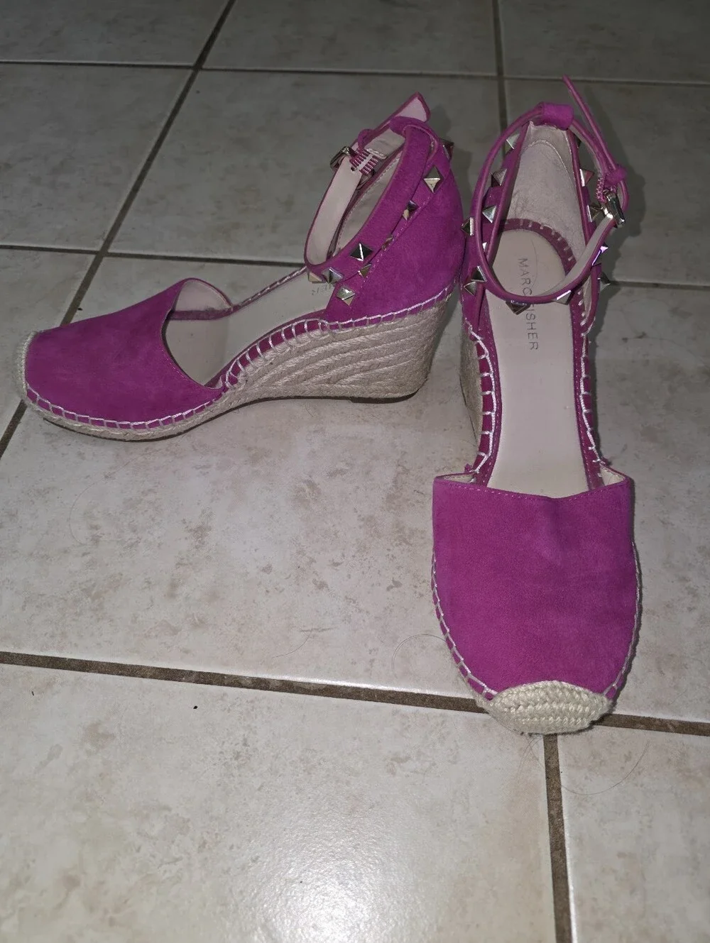 Marc Fisher Pink Suede Studded Espadrille Wedge Sandals